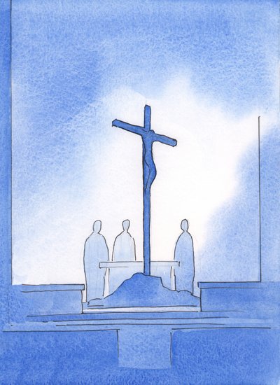 Bóg pokazał mi, że nasi trzej księża, którzy złożyli Najświętszą Ofiarę, stoją wokół krzyża, na którym umarł Chrystus, 2002 (w/c na papierze) autorstwa Elizabeth Wang