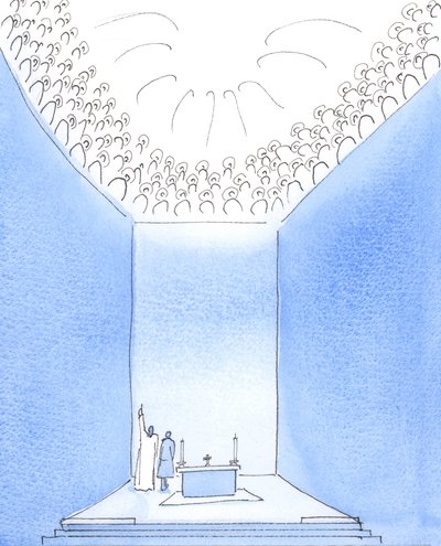 Bóg Ojciec jest otoczony w niebie przez świętych, którzy dzielą Jego radość, 2005 (akwarela na papierze) autorstwa Elizabeth Wang