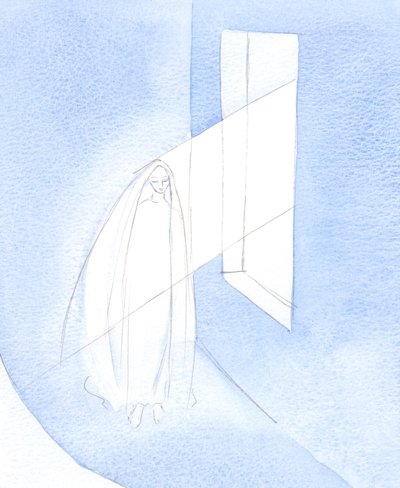Bóg przez działanie Ducha Świętego sprawił, że za jej zgodą Słowo weszło w życie Maryi i przyjęło ciało w jej łonie., 2001 (w/c na papierze) autorstwa Elizabeth Wang