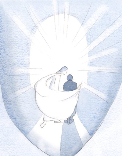 Okrążył moją duszę, widząc ją ogarniętą długą pracą i Jego mocą, a potem narzucił na mnie swój pocieszający płaszcz, 2000 (w/c na papierze) autorstwa Elizabeth Wang