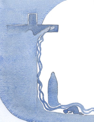 Pokazał mi krzyż, prosto, swoją Matkę pod nim i swoją krew w ogromnym wylaniu, spływającym na mnie., 2000 (w/c na papierze) autorstwa Elizabeth Wang