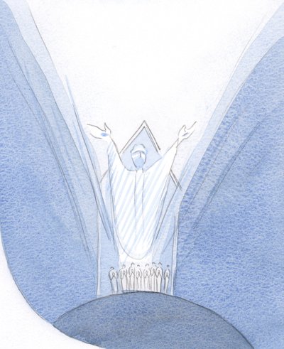 Tutaj, podczas Mszy, Chrystus jest naprawdę obecny z nami, na ziemi, modląc się do Ojca, z nami zgromadzonymi wokół Niego., 2001 (w/c na papierze) autorstwa Elizabeth Wang