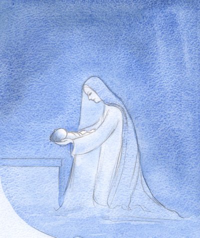 Jak po prostu Maryja klęcząc ułożyła swoje dziecko do snu, nie przejmując się myślami o swojej uprzywilejowanej roli., 2001 (w/c na papierze) autorstwa Elizabeth Wang