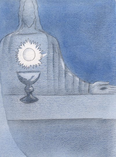 Widziałam Jezusa, Naprawdę Obecnego na ołtarzu; i widziałem Hostię lśniącą „jak Jego serce”, 2000 (w/c na papierze) autorstwa Elizabeth Wang