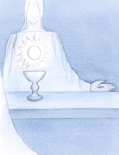 Widziałam Jezusa, Naprawdę Obecnego na ołtarzu; i widziałem Hostię lśniącą „jak Jego serce”, 2000 (w/c na papierze) autorstwa Elizabeth Wang