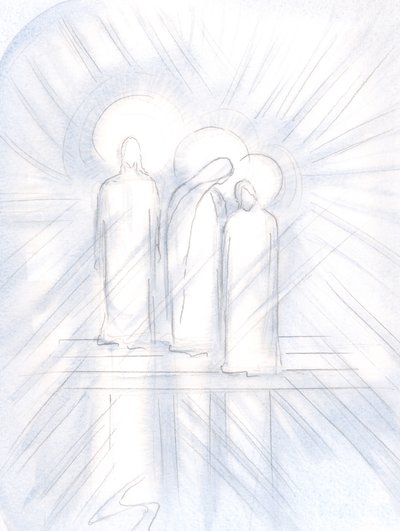 Widziałam wyraźnie Jezusa, Jego Świętą Matkę u Jego boku i Świętego Józefa obok Niej. Chrystus daje nam je jako pomocników i przykłady, 2000 (w/c na papierze) autorstwa Elizabeth Wang