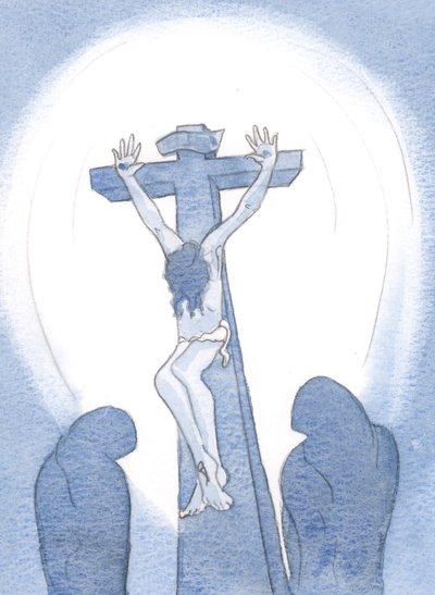 Widziałam, że Chrystus z radością poniósł za nas Swoje boleści, 2000 (w/c na papierze) autorstwa Elizabeth Wang