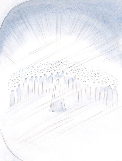 Widziałem świętych przepychających się niejako o przywilej pomagania nam, z Matką Boską w ich centrum, 2000 (w/c na papierze) autorstwa Elizabeth Wang