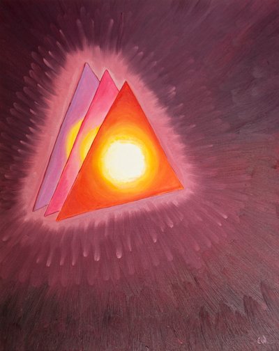 Pokazano mi symbol Trójcy Świętej: trzy trójkąty z ogniem jak roztopiona lawa (reprezentująca Boską Miłość) w sercu każdego, 2003 (olej na pokładzie) autorstwa Elizabeth Wang
