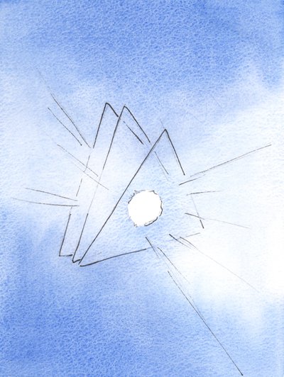 Pokazano mi symbol Trójcy Świętej: trzy trójkąty, z ogniem podobnym do roztopionej lawy (reprezentującym Boską Miłość) w sercu każdego, 2003 (w/c na papierze) autorstwa Elizabeth Wang