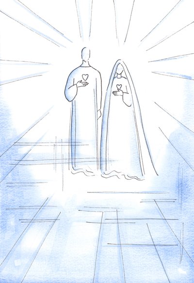 Pokazano mi Dwa Serca: bezgrzesznego Chrystusa i Jego Niepokalanej Matki, w Promienistym Świetle Nieba, 2002 (w/c na papierze) autorstwa Elizabeth Wang