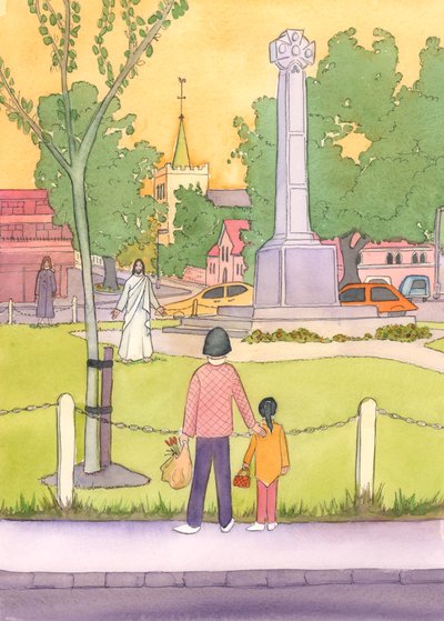 Gdyby Jezus szedł przez centrum miasta, ludzie rzuciliby się do Niego, 2003 (w/c na papierze) autorstwa Elizabeth Wang