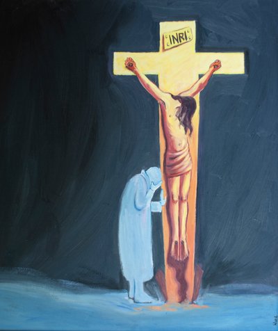 Jeśli nasze cierpienia utrudniają modlitwę, możemy po prostu oprzeć się na Krzyżu, blisko Chrystusa, odpoczywać w Nim i cierpliwie znosić nasze trudności, 2000 (olej na pokładzie) autorstwa Elizabeth Wang