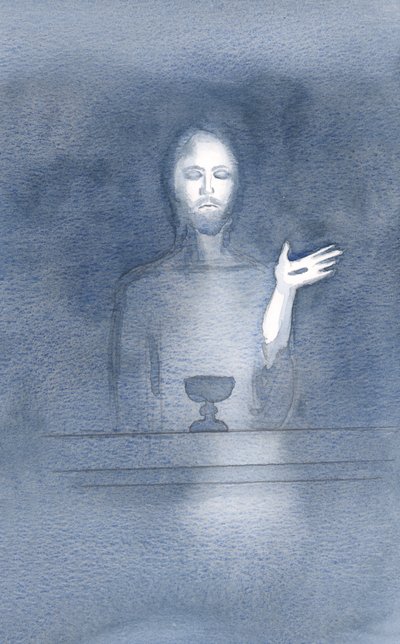 W swoim miłosierdziu Chrystus przychodzi do naszego ołtarza, codziennie, gdy Go witamy, w ciemności wiary, 2000 (w/c na papierze) autorstwa Elizabeth Wang