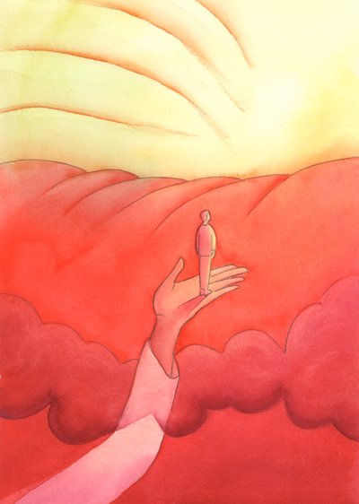 W kontemplacji Chrystus wznosi nas ponad ziemskie myśli na skraj Nieba, 2002 (w/c na papierze) autorstwa Elizabeth Wang