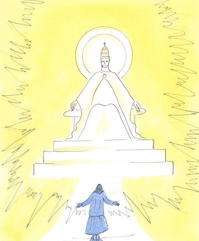 W wierze widzimy płonące światło, wysoko w kościele nad sanktuarium, 2004 (w/c na papierze) autorstwa Elizabeth Wang