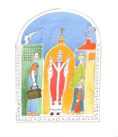 W naszym codziennym życiu ludzie, którzy wypełniają swoje codzienne obowiązki z miłości do Chrystusa, są pod Jego opieką, blisko Niego, pomagają wzrastać w świętości poprzez komunię z Nim, 2005 (akwarela na papierze) autorstwa Elizabeth Wang