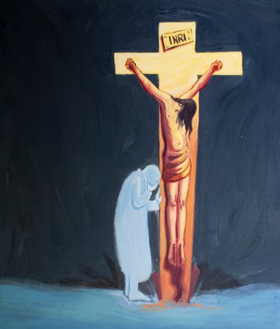 To przez pokorę możemy nauczyć się ukrywać nasze rany obok Jezusa Ukrzyżowanego, 2000 (olej na pokładzie) autorstwa Elizabeth Wang