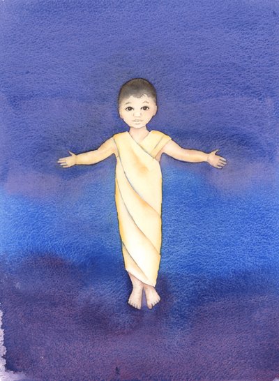 Jezus Chrystus jest prawdziwym Bogiem, który przyjął naszą ludzką naturę, mając pokorę i dobroć, aby przyjść do nas jako zwykłe niemowlę, 2003 (w/c na papierze) autorstwa Elizabeth Wang
