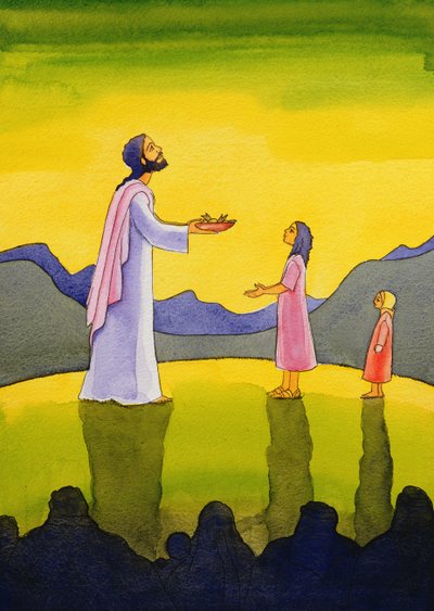 Jezus Chrystus dokonuje cudu chleba i ryby, 2004 (w/c na papierze) autorstwa Elizabeth Wang