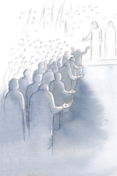 Jezus ukrzyżowany czeka u bram Nieba ze swoją matką Marią i świętymi aniołami, 2000 (w/c na papierze) autorstwa Elizabeth Wang