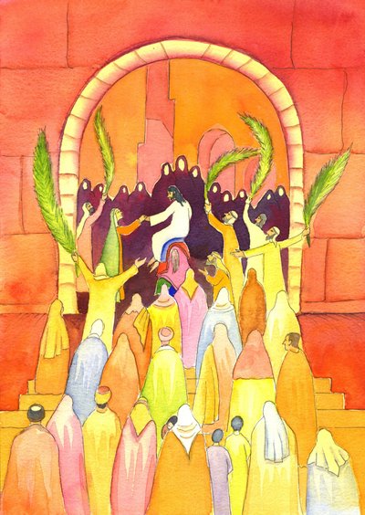 Jezus wchodzi do Jerozolimy w procesji (Niedziela Palmowa), 2001 (w/c na papierze) autorstwa Elizabeth Wang