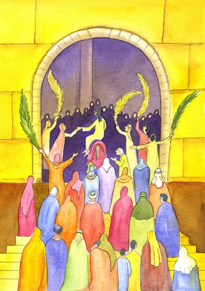 Jezus wchodzi do Jerozolimy w procesji (Niedziela Palmowa), 2001 (w/c na papierze) autorstwa Elizabeth Wang