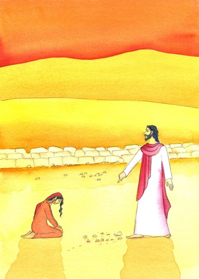 Jezus przebacza kobiecie przyłapanej na cudzołóstwie, 2006 (w/c na papierze) autorstwa Elizabeth Wang