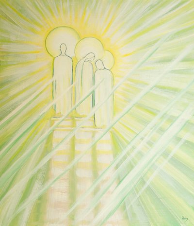 Jezus daje wielką moc wstawiennictwa Matce Bożej i św. Józefowi oraz wszystkim, którzy modlą się za innych w Jego imieniu, 2000 (olej na pokładzie) autorstwa Elizabeth Wang