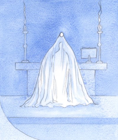 Jezus jest Bogiem-z-nami, podczas konsekracji, zasłaniając Swoją chwałę, jednak cała chwała przed nami ukryta jest tutaj ofiarowana Ojcu., 2001 (w/c na papierze) autorstwa Elizabeth Wang