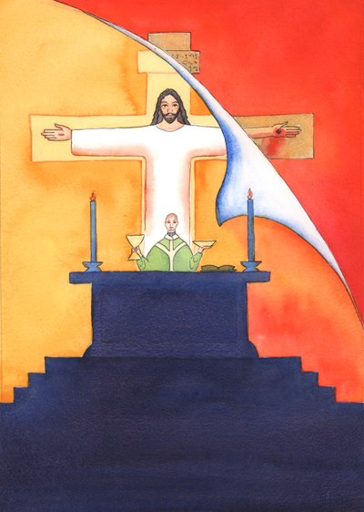 Jezus jest obecny z nami na Mszy św., modląc się w naszym imieniu do Ojca o pomoc w naszych potrzebach io zbawienie wieczne. Możemy połączyć wszystkie nasze modlitwy z Jego wielką modlitwą ofiarną, 2004 (w/c na pa autorstwa Elizabeth Wang