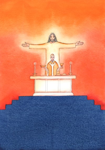 Jezus jest obecny z nami na Mszy św., modląc się w naszym imieniu do Ojca o pomoc w naszych potrzebach io zbawienie wieczne. Możemy połączyć wszystkie nasze modlitwy z Jego wielką modlitwą ofiarną, 2004 (w/c na pa autorstwa Elizabeth Wang