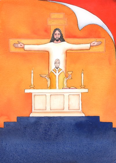 Jezus jest obecny z nami na Mszy św., modląc się w naszym imieniu do Ojca o pomoc w naszych potrzebach io zbawienie wieczne. Możemy połączyć wszystkie nasze modlitwy z Jego wielką modlitwą ofiarną, 2004 (w/c na pa autorstwa Elizabeth Wang