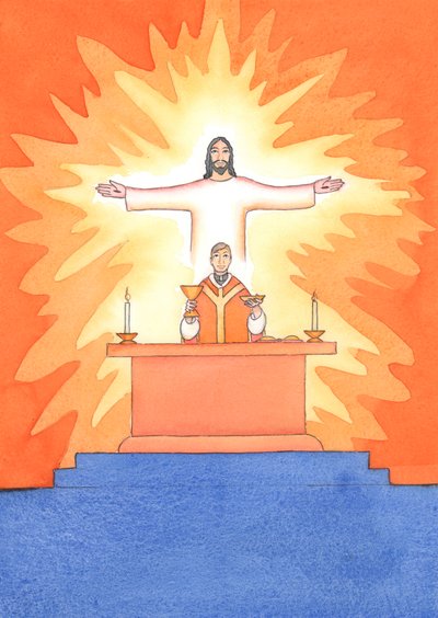 Jezus jest obecny z nami na Mszy św., modląc się w naszym imieniu do Ojca o pomoc w naszych potrzebach io zbawienie wieczne. Możemy połączyć wszystkie nasze modlitwy z Jego wielką modlitwą ofiarną, 2004 (w/c na pa autorstwa Elizabeth Wang