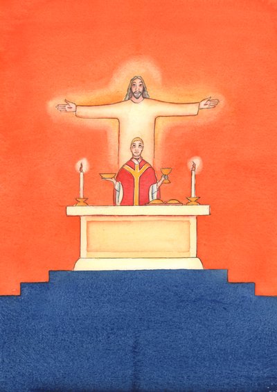 Jezus jest obecny z nami na Mszy św., modląc się w naszym imieniu do Ojca o pomoc w naszych potrzebach io zbawienie wieczne. Możemy połączyć wszystkie nasze modlitwy z Jego wielką modlitwą ofiarną, 2004 (w/c na pa autorstwa Elizabeth Wang