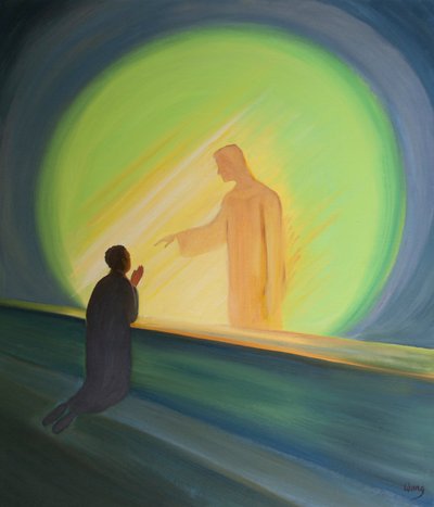 Jezus zwraca się do nas w Komunii św., aby ulżyć nam w ciężarach i dać nam radość, 2000 (olej na pokładzie) autorstwa Elizabeth Wang