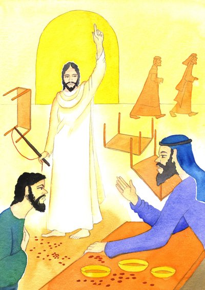 Jezus mówi do wymieniających pieniądze w Świątyni: Czy nie jest napisane: „Mój dom będzie nazwany domem modlitwy dla wszystkich narodów?”, 2001 (w/c na papierze) autorstwa Elizabeth Wang
