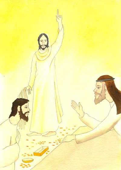 Jezus mówi do wymieniających pieniądze w Świątyni: Czy nie jest napisane: „Mój dom będzie nazwany domem modlitwy dla wszystkich narodów?”, 2001 (w/c na papierze) autorstwa Elizabeth Wang