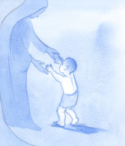 Tak jak Chrystus szedł naprzód, trzymany przez Swoją Matkę, tak my możemy chodzić jak proste, ufne dzieci, nieustraszone i pełne nadziei, 2002 (w/c na papierze) autorstwa Elizabeth Wang