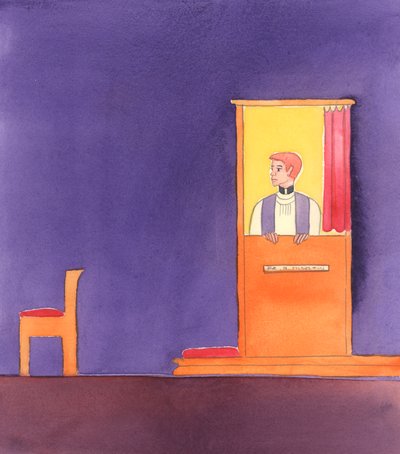 Wielu katolików prowadzi życie niegodne dzieci Bożych i nie żałuje, że postąpiło wbrew Jego prawom - stąd puste konfesjonały w tych czasach, 2005 (akwarela na papierze) autorstwa Elizabeth Wang
