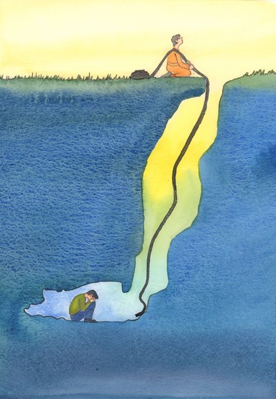 Nasza modlitwa jest jak lina ratunkowa spuszczona z Nieba, aby pomóc zagubionym i uwięzionym w trudnościach, 2002 (w/c na papierze) autorstwa Elizabeth Wang