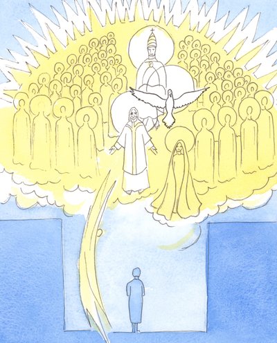 Modlitwa osobista, w naszym „sekretnym pokoju”, nigdy nie odbywa się w pojedynkę; przez Chrystusa jesteśmy obecni z całym Niebem, 2004 (w/c na papierze) autorstwa Elizabeth Wang