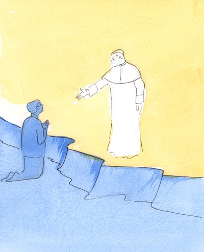 Papież Jan Paweł stoi w niebie, wyciągając rękę na powitanie, gdy prosimy o pomoc, 2006 (w/c na papierze) autorstwa Elizabeth Wang
