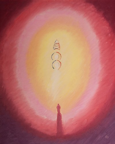 Święci i aniołowie gromadzą się wokół trzech Osób Boskich; Bóg Ojciec jest „ukoronowany” potrójną koroną, 2001 (olej na pokładzie) autorstwa Elizabeth Wang