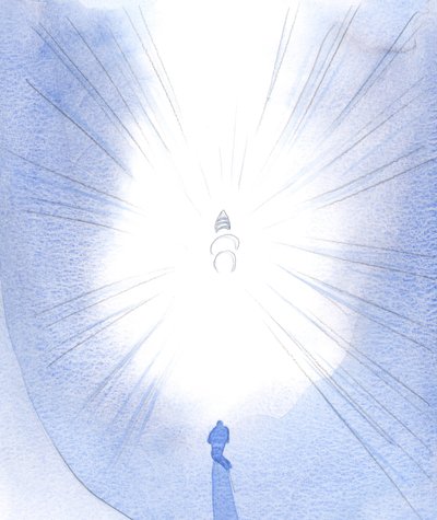 Święci i aniołowie gromadzą się wokół trzech Osób Boskich; Bóg Ojciec jest „ukoronowany” potrójną koroną, 2001 (w/c na papierze) autorstwa Elizabeth Wang