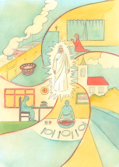 Ktoś, kto trzyma Chrystusa w centrum życia, ma Go jako jednoczący czynnik pośród wielu osób i wydarzeń z całego życia, 2003 (w/c na papierze) autorstwa Elizabeth Wang