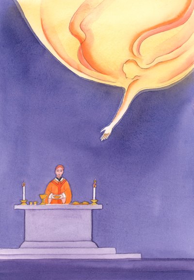 Ojciec z radością przyjmuje dary, które przynieśliśmy do ołtarza, 2002 (w/c na papierze) autorstwa Elizabeth Wang