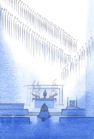 Niebiańscy przyjaciele, których życie uznajemy w wyznaniu wiary, gromadzą się wokół nas. Jesteśmy jedną rodziną, 2002 (w/c na papierze) autorstwa Elizabeth Wang
