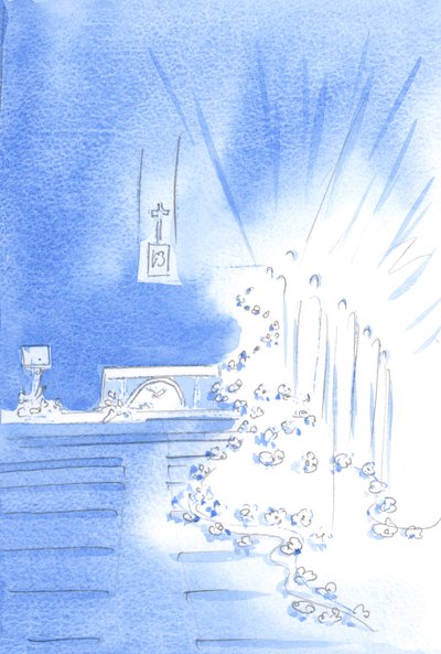 Święci Aniołowie byli obecni: i dekorowali Kościół girlandami, ukazując zachwyt Nieba nad święceniami, 2002 (w/c na papierze) autorstwa Elizabeth Wang