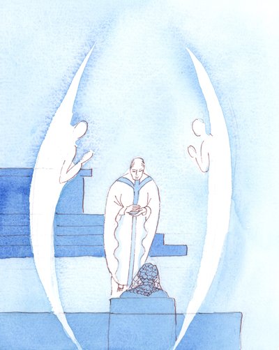 Święta Eucharystia, która jest Jezusem Chrystusem Naprawdę Obecnym, jest tak wielkim i świętym darem, że dwa Anioły towarzyszą kapłanowi, gdy niesie nam błogosławiony Sakrament, na Komunię Świętą, 2005 (akwarela na papierze) autorstwa Elizabeth Wang